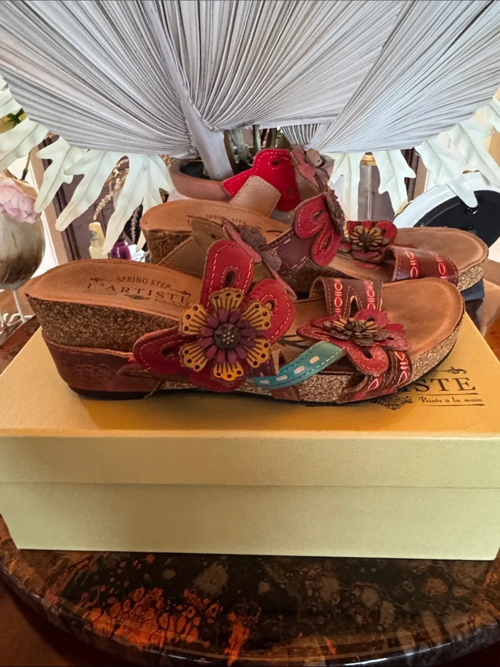 Spring Step L'Artiste Red Floral Cork Wedge Sandals